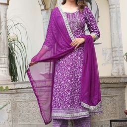 SINGNI Ethnic Motifs Embroidered Round Neck Three-Quarter Sleeves Anarkali Kurta Set-37
