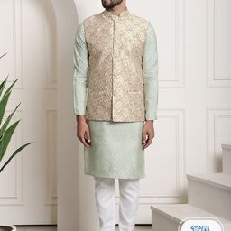 SOJANYA Ethnic Motifs Woven Design Mandarin Collar Kurta With Churidar & Nehrujacket-2
