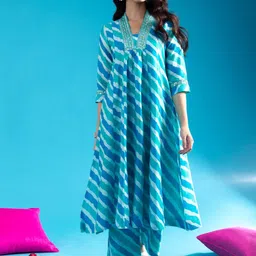 KALINI Leheriya Printed Sequinned Pure Cotton A-line Kurta with Trousers-picture-48