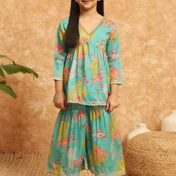 Readiprint Fashions Girls Printed Pleated Beads and Stones Pure Cotton Kurti with Sharara-image-31