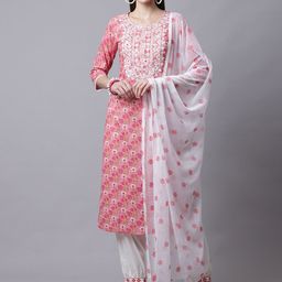 Rajnandini Women Pink Mirror Work Pure Cotton Kurta with Trouser & With Dupatta Set-image-38