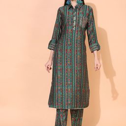 FASHOR Women Green Ethnic Motifs Foil Printed Shirt Collar Gotta Patti Kurta With Trouser-image-49
