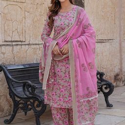 KALINI Floral Printed Round Neck Pure Cotton Kurta with Trousers & Dupatta-58