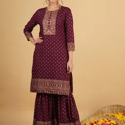 God Bless Women Maroon Ethnic Motifs Printed Kurta with Sharara-picture-19