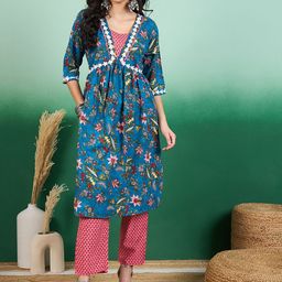 Sangria Blue & Pink Floral Printed V-Neck A-Line Kurta With Trouser-image-81