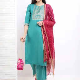Vishudh Women Sea Green Ethnic Motifs Printed Kurta with Palazzos & With Dupatta-12