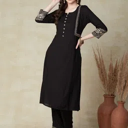 FASHOR Black Floral Embroidered Regular Straight Kurta with Trousers-picture-36