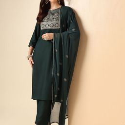 Anouk Ethnic Motifs Yoke Design Regular Thread Work Straight Kurta With Trousers & Dupatta-image-81