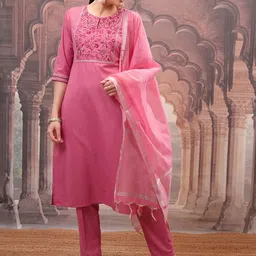 Vishudh Rose Embroidered Straight Kurta with Trouser & Dupatta-image-7