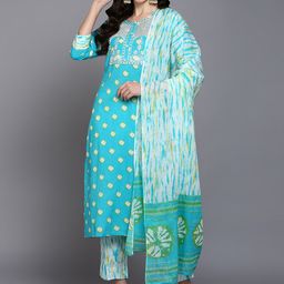 AHIKA Women Blue & Green Printed Gotta Patti Pure Cotton Kurta with Trousers & Dupatta-picture-14