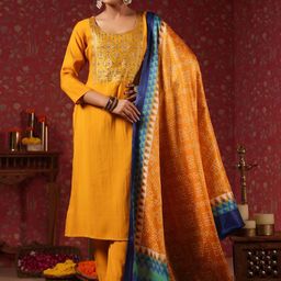 Ishin Ethnic Motifs Yoke Design Thread Work Stright Kurta & Trousers With Dupatta-picture-20