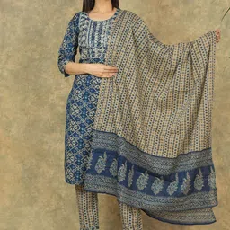 JAHIDA COMFORT WITH STYLE Ethnic Motifs Printed Pure Cotton Kurta With Palazzos & Dupatta-21
