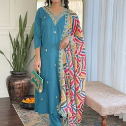 KALINI Women Embroidered Regular Thread Work Kurta with Trousers & With Dupatta-16