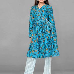 FASHION DREAM Girls Floral Printed Gotta Patti Angrakha Kurta with Trousers-image-70