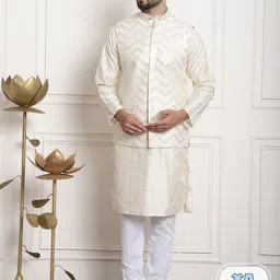 SOJANYA Geometric Embroidered Straight Kurta & Churidar With Nehrujacket-picture-46