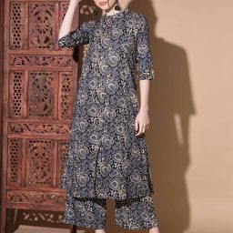 Vbuyz Floral Printed Mandarin Collar Straight Pure Cotton Kurta with Palazzo-image-83