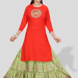 BAESD Girls Ethnic Motifs Thread Work Pure Cotton Kurta With Skirt-image-95