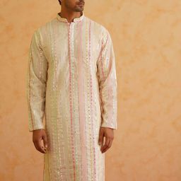 SOJANYA LUXE Striped Embroidered Mandarin Collar Mirror Work Kurta with Pyjamas-picture-17
