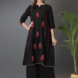 KAANCHIE NANGGIA Paisley Embroidered Thread Work Pure Cotton A-Line Kurta with Palazzos-picture-18