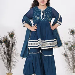 Little Bansi Girls Multicoloured Floral Pleated Pure Cotton Kurta with Sharara & With Dupatta-image-39