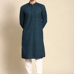RAJUBHAI HARGOVINDAS Men Floral Chikankari Embroidered Pure Cotton Kurta With Churidar-picture-10
