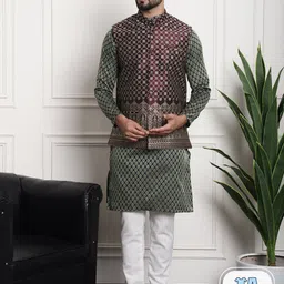 SOJANYA Ethnic Motif Woven Design Jacquard Silk Kurta & Churidar With Nehru Jacket-picture-26