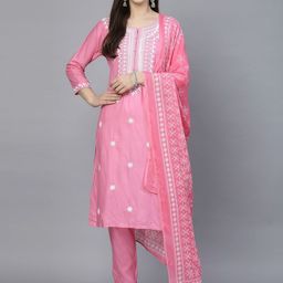 BAESD Ethnic Motifs Embroidered Regular Thread Work Straight Kurta With Trousers & Dupatta-image-95