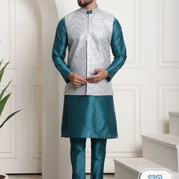 SOJANYA Mandarin Collar Straight Kurta With Churidar & Nehrujacket-picture-11