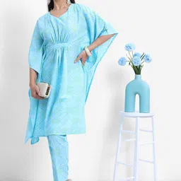 Vishudh Blue Bandhani Printed Flared Sleeves Kaftan With Trousers-56