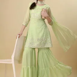 KALINI Ethnic Motifs Embroidered Mirror Work Georgette Kurti and Sharara with Dupatta-image-23