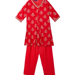 YK Girls Red Ethnic Motif Print V-Neck Kurti with Pyjamas-image-20