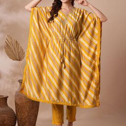 FASHOR Leheriya Printed Kaftan Thread Work Kurta with Trousers-picture-5