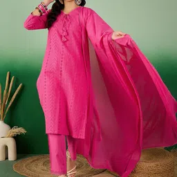 Sangria Self Design Schiffli Tie-Up Neck Pure Cotton Kurta With Trousers & Dupatta-image-35