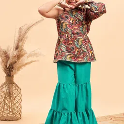 Stylo Bug Girls Ethnic Motifs Printed One-Shoulder Pure Cotton Kurti with Sharara-image-68