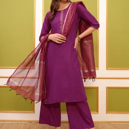 Vishudh Magenta Embroidered Kurta & Palazzos With Dupatta-14