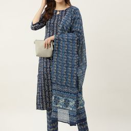 FIORRA Women Blue Printed Pure Cotton Kurta with Trousers & With Dupatta-14