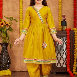 BAESD Girls V-Neck Angrakha Flared Pure Silk A-Line Kurta With Patiala-picture-29