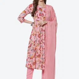 Biba Women Pink Floral Printed High Slit Kurta with Trousers & With Dupatta-57