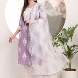 Yufta Floral Embroidered Pure Cotton Straight Kurta with Trousers & Dupatta-image-44