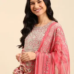 SHOWOFF Ethnic Motifs Printed Chanderi Cotton Zari Kurta with Trousers & Dupatta-picture-3