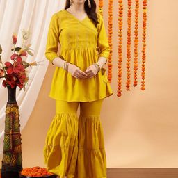 indo street Ethnic Motifs Yoke Design Thread Work Sequined Angrakha  Kurti & Sharara-5