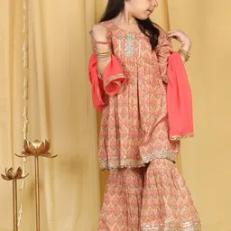 ADIVA Girls Peach-Coloured Ethnic Motifs Printed Empire Gotta Patti Pure Cotton Kurta with Sharara & With-image-93