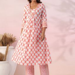FASHOR Ethnic Motifs Printed Pleated Mirror Work Pure Cotton A-line Kurta With Trouser-8