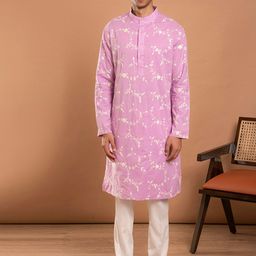 Aaheli Floral Embroidered Mandarin Collar Pure Cotton Straight Kurta with Pyjamas-picture-42