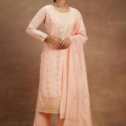 Libas Floral Embroidered Thread Work Pure Silk Kurta With Trousers & Dupatta-image-94