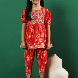 Readiprint Fashions Girls Floral Printed Sequinned Pure Cotton A-Line Kurti & Dhoti Pants-picture-0