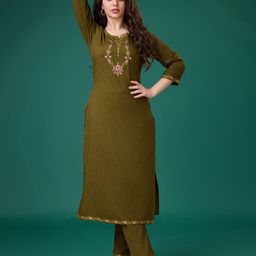 MOJILAA Floral Embroidered V-Neck Three-Quarter Sleeves Sequinned Linen Kurta Set-picture-52