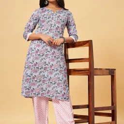 YU by Pantaloons Floral Printed Regular Pure Cotton Kurta with Trousers-picture-16