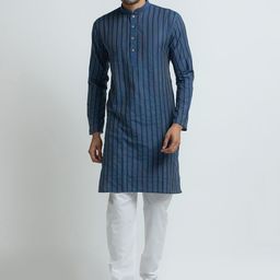 SARVAMOHAN Men Blue Striped Pleated Kurta with Pyjama-image-33