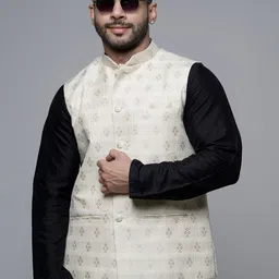 MAAHI FABS Regular Kurta With Churidar & Woven Design Nehru Jacket-9